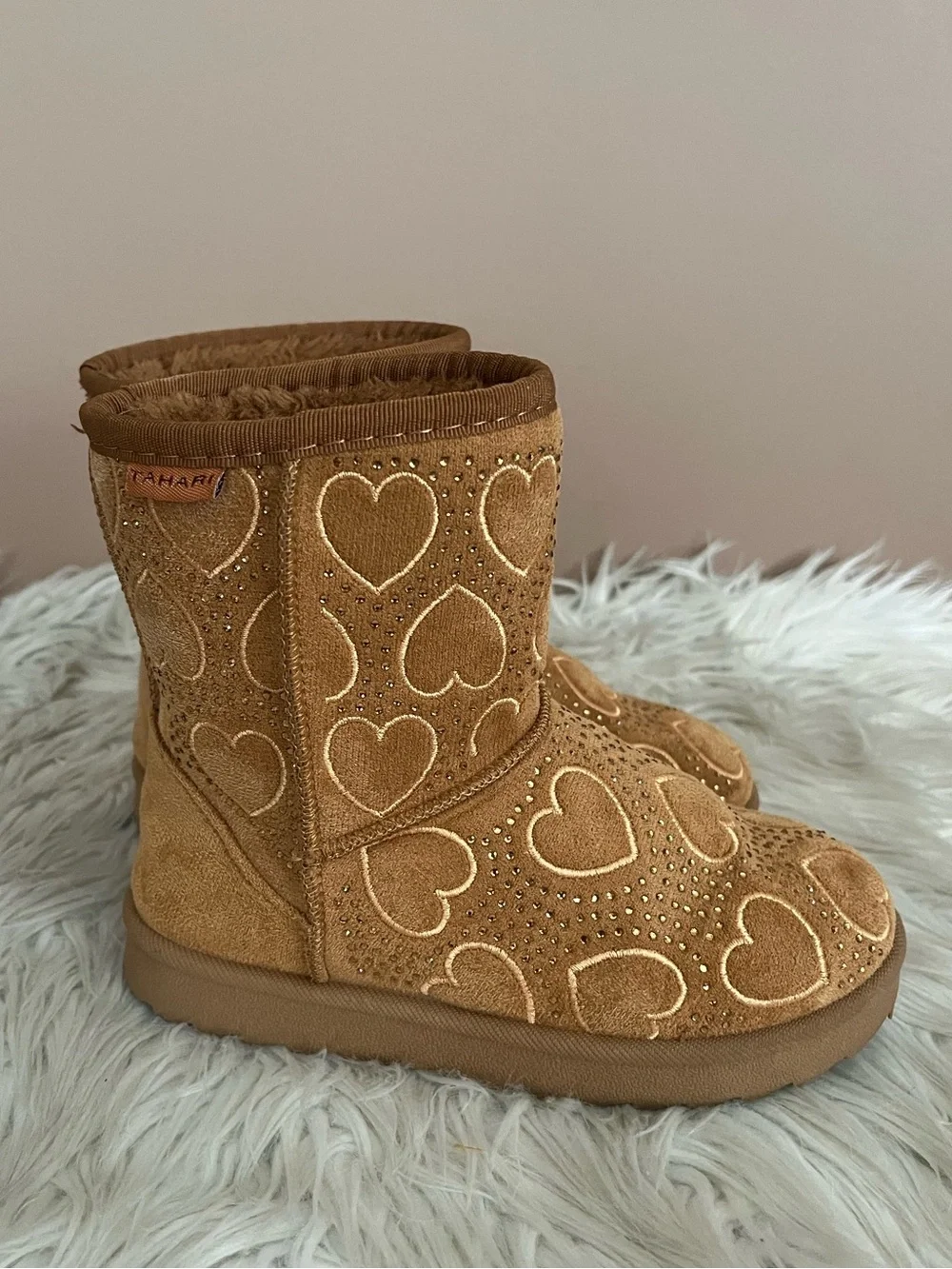 {Tahari} Faux Fur Boots with Embroidered Hearts & Rhinestones - Youth 12